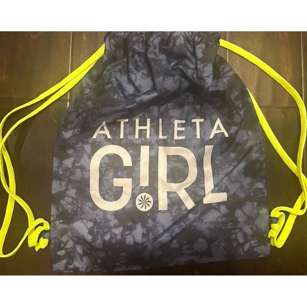 Athleta Girl Blue Drawstring Backpack Bag w/ Neon Yellow Pull Cords